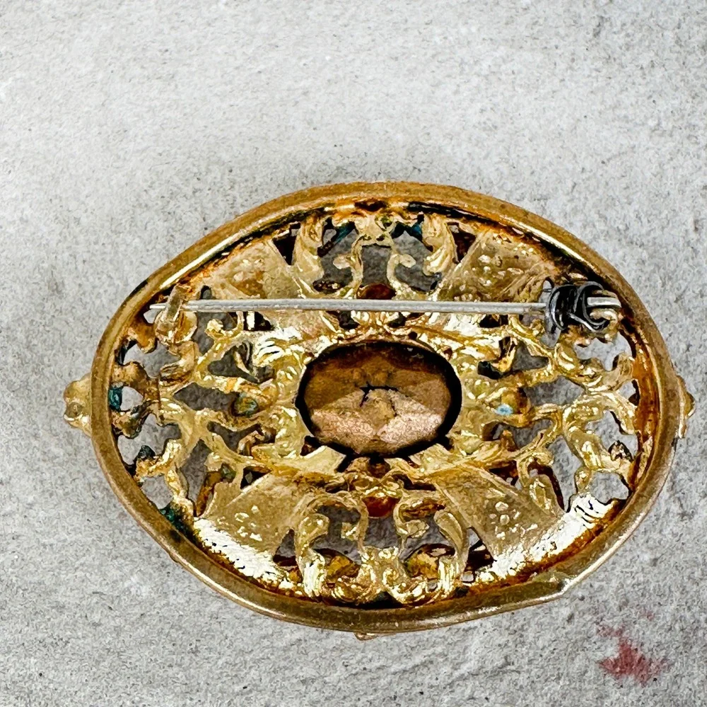 Vintage Gold Tone Filigree Brooch Pin Large Blue Cabochon Stone‎ w/ Patina
